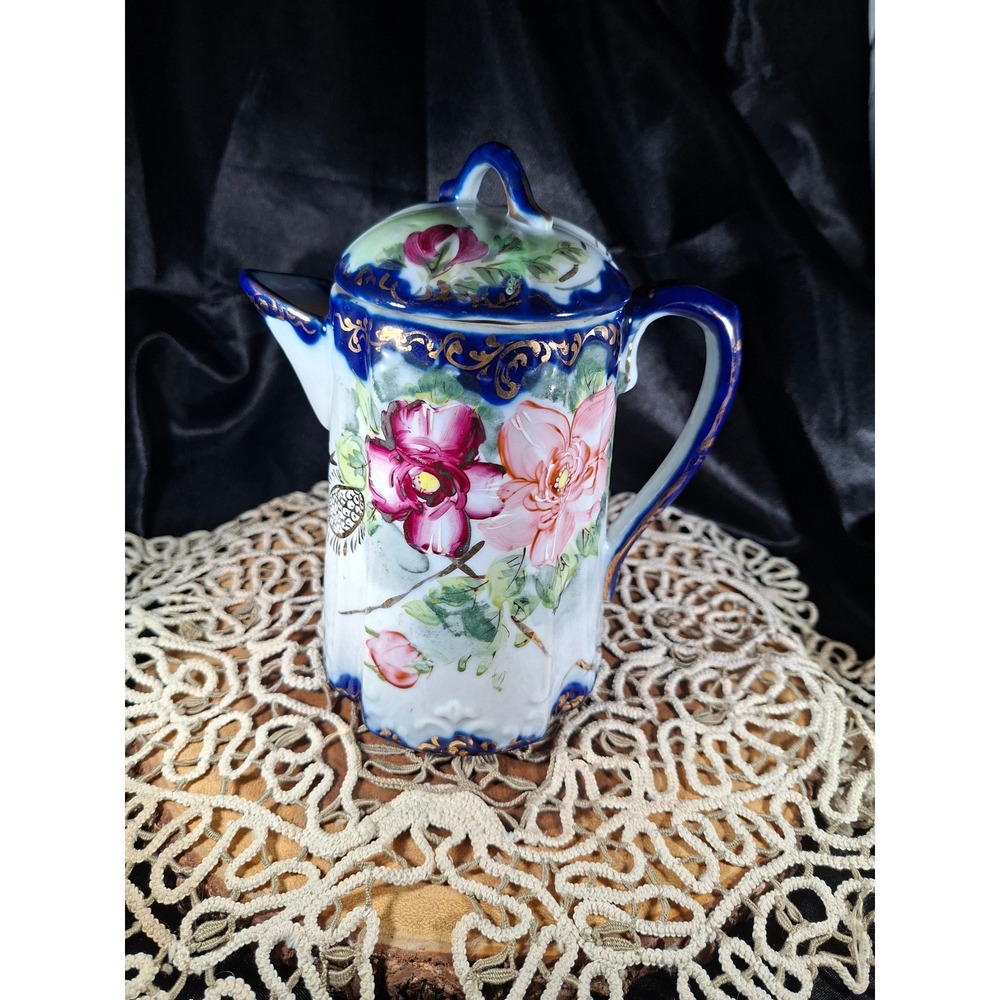 Antique Hand Painted Floral Porcelain Chocolate Pot Cobalt Blue Gold Gilt Trim